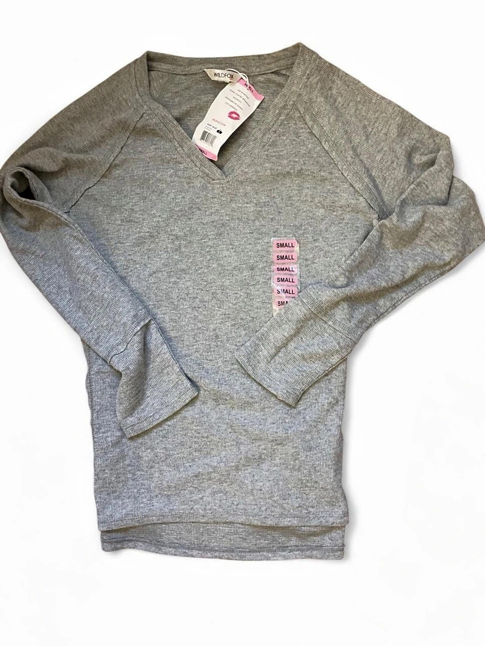 Wildfox Ribbed V-Neck Raglan Long Sleeve Top Gray Long Sleeve Top Size Small NWT